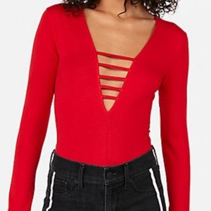 Express Strappy Red V-Neck Thong Bodysuit, M